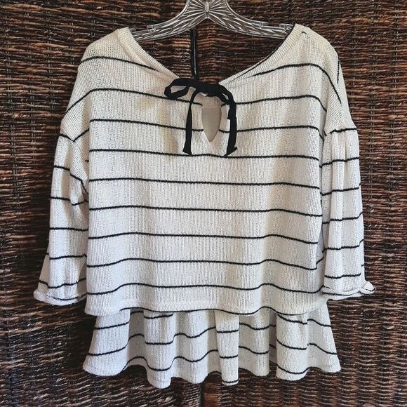 Anthropologie Postmark Latitudes Sweater Medium Cream Striped Nautical Coastal - Picture 2 of 6